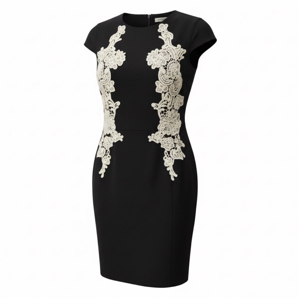 ANNE KLEIN Dainty Dress Black White Lace Appliqué Sheath Midi Cap Sleeves Size 4